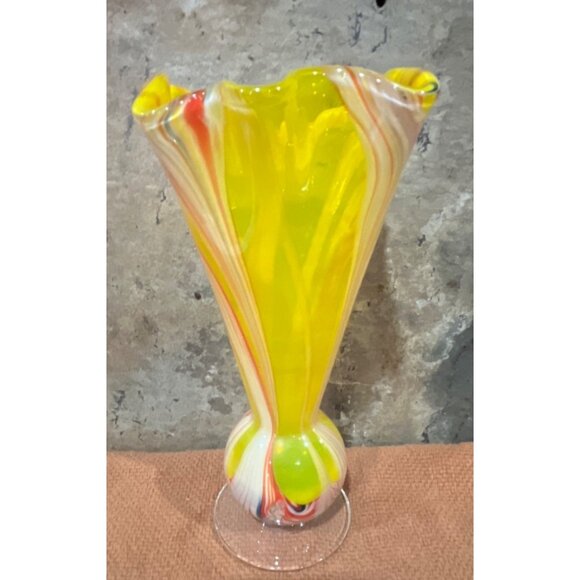 VTG Hand Blown Swirled Art Glass Vase Yellow Orange Red & White 7" Murano Style - Picture 2 of 9